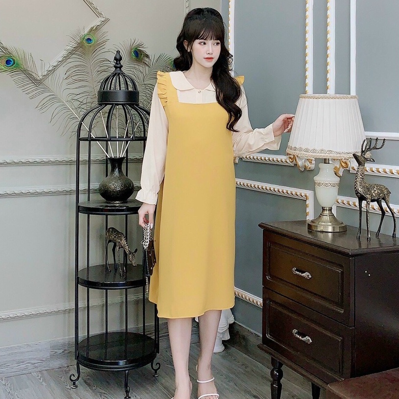 Váy công sở cổ sen yếm liền thân, đầm bầu thiết kế dáng xinh giá rẻ chất lượng dáng dài, yếm liền dài tay bo chun VYL289
