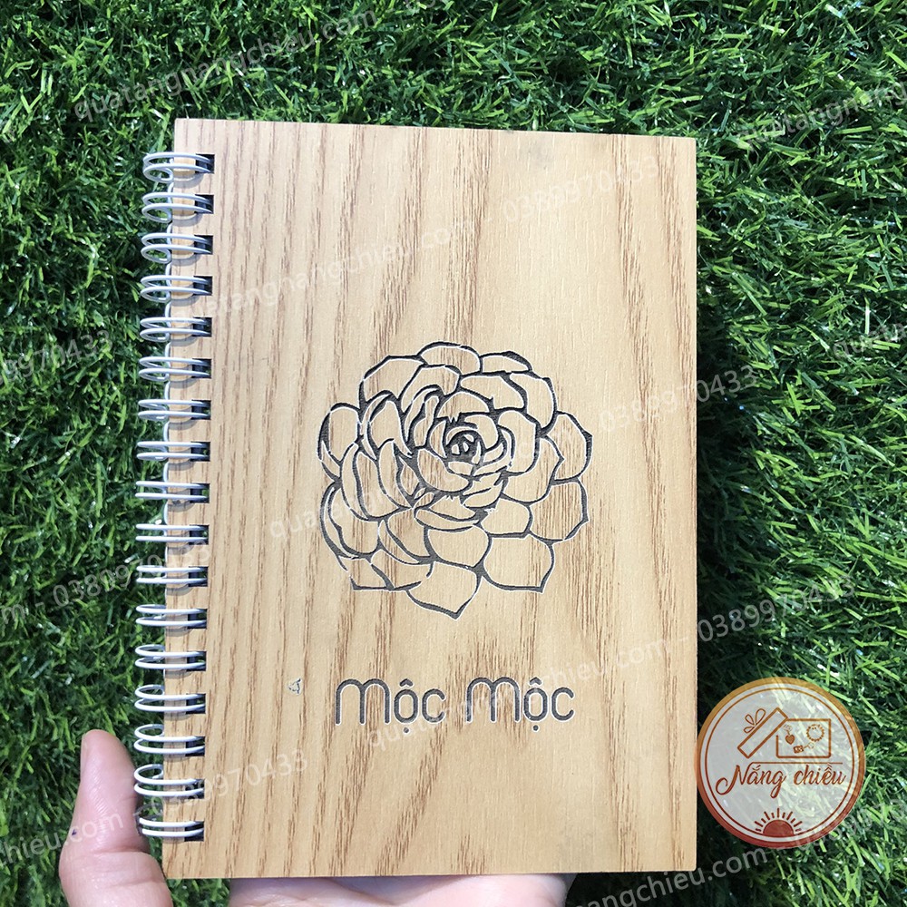 SỔ TAY BÌA GỖ HANDMADE - Sổ tay khắc hình sen đá làm quà tặng - Và khắc các hình ảnh khác theo yêu cầu