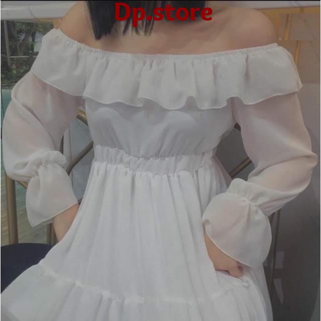 Váy trắng trễ vai gấp tay bồng DPS - Đầm dáng xòe bánh bèo tiểu thư, phối tầng retro hssv trẻ trung hàn quốc ulzzang