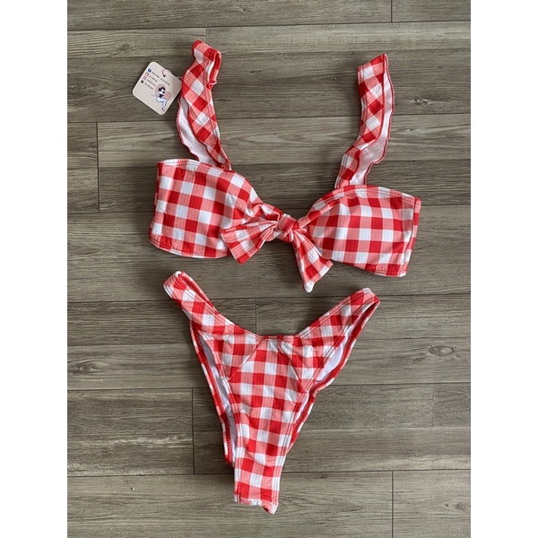 [BKN117] &lt;ÂU&gt; SET BIKINI KẺ CARO ĐỎ/HỒNG QUẦN THONG/LỌT KHE