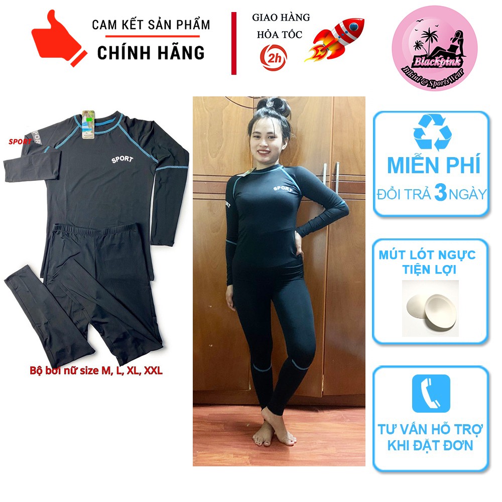 [M,L,XL,XXL] Đồ bơi nữ kín đáo bikini 2 mảnh dài tay quần dài màu đen đi bơi đồ bơi học sinh DBN005