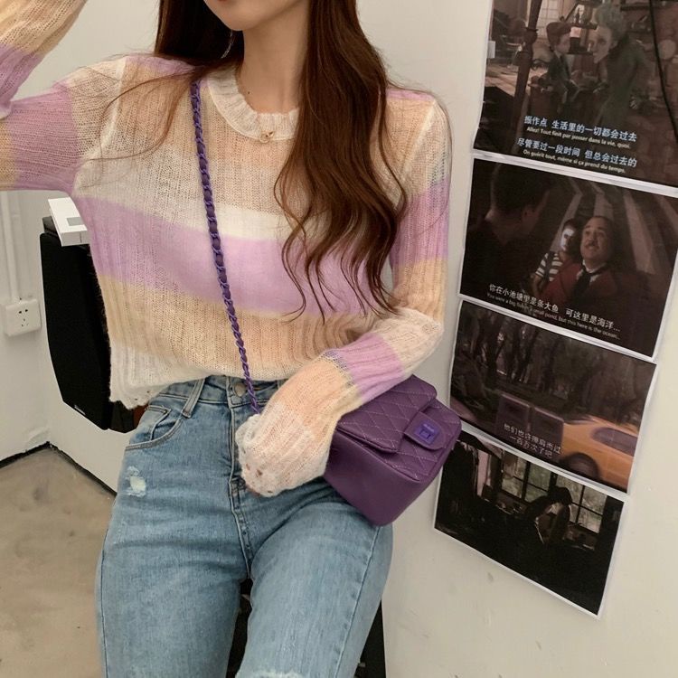 Áo sweater Mỏng Cổ Tròn Mềm Mại Phối Màu Tương Phản Phong Cách Hàn Quốc Thời Trang Xuân Thu Cho Nữ