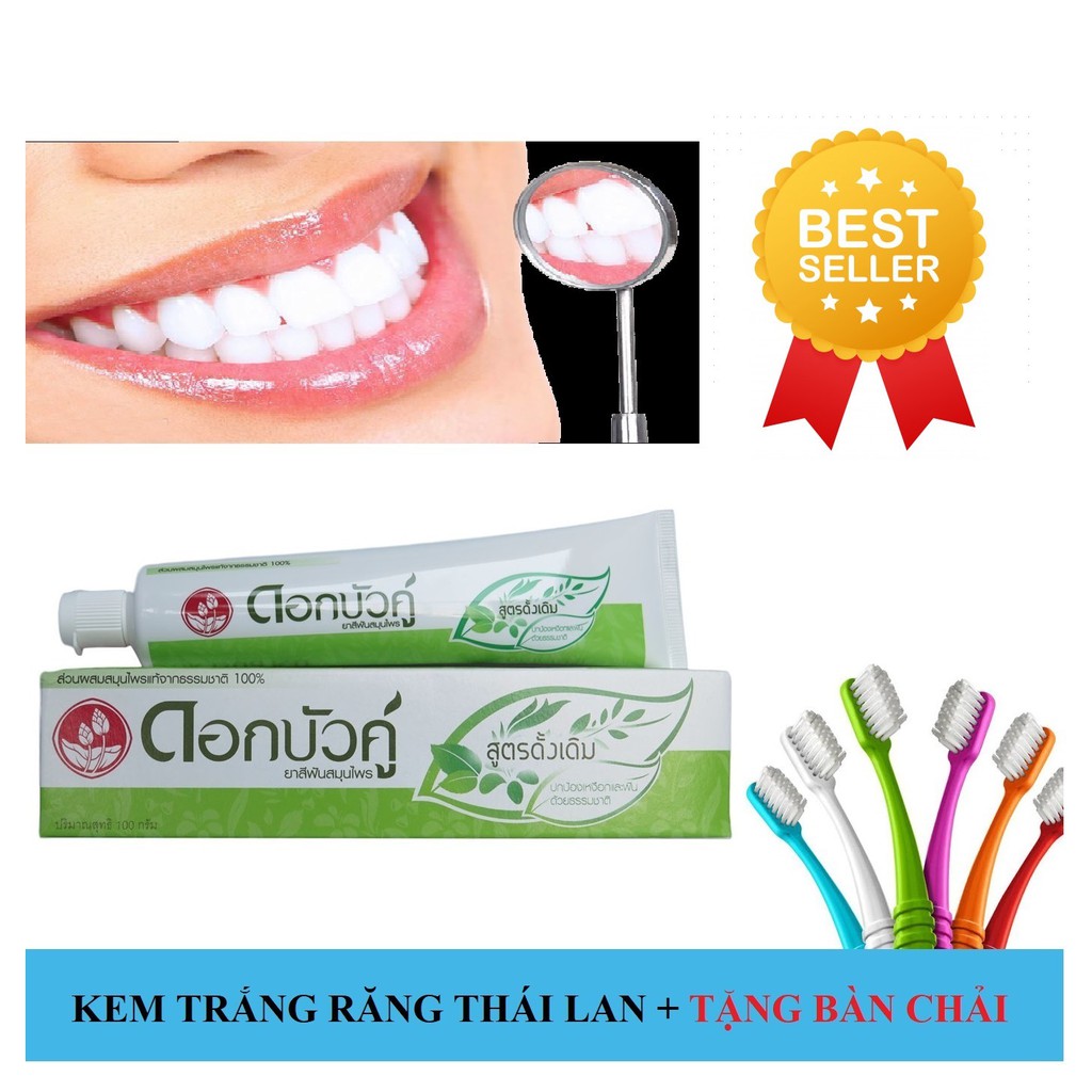 Kem Đánh Răng Trắng Sáng Thảo Dược Dok Bua Ku Thái Lan 150gr + Tặng Kèm Bàn Chải Đánh Răng Cao Cấp
