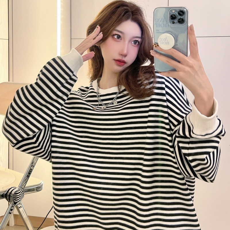 Áo nỉ cổ tròn dáng rộng kẻ sọc ngang 3 màu thời trang Hàn Quốc cho nữ | BigBuy360 - bigbuy360.vn