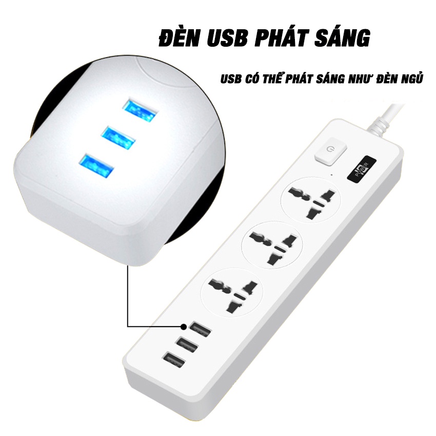 Ổ Cắm Điện Đa Năng Shopehouse 3 Cổng USB Xạc Nhanh 5V-2.1A Công Suất Định Mức 2500W Vật Liệu Chống Cháy Dây Nối Dài 2M