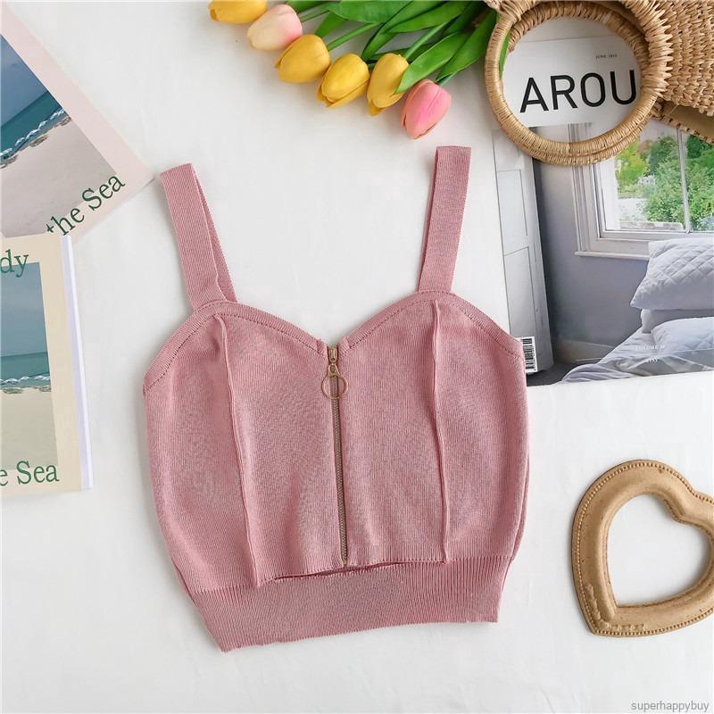 Áo len hai dây cổ chữ V phối khóa kéo phong cách trẻ trung dành cho nữ