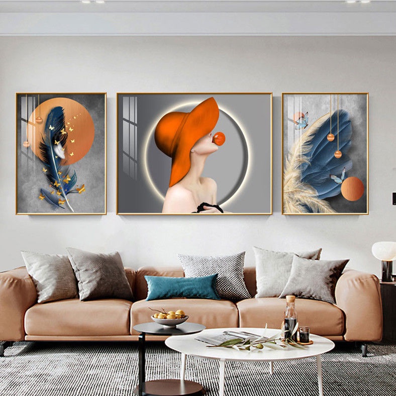 Phòng khách sang trọng nhẹ trang trí bức tranh sofa nền tường hiện đại tối giản lông vũ đẹp cao cấp bộ ba kết hợp
