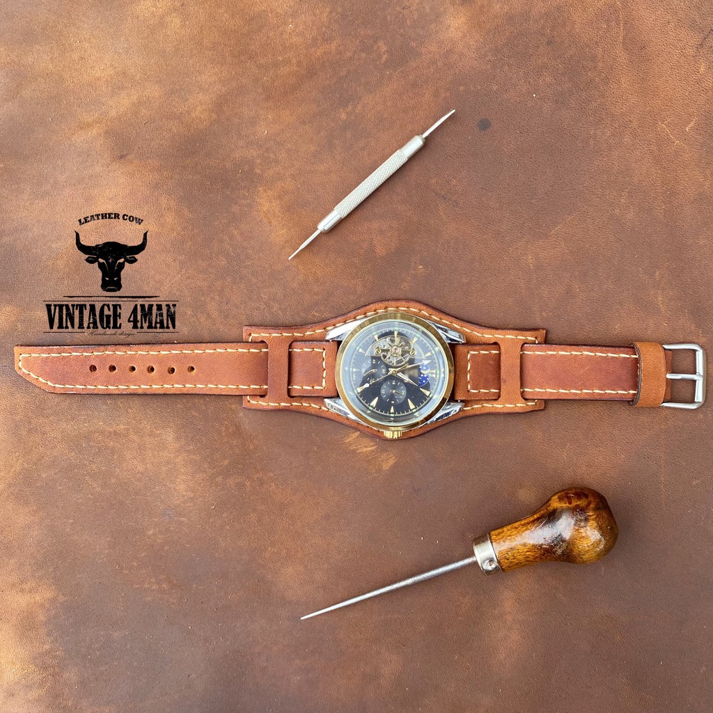 dây đồng hồ da bundstrap vintage handmade đủ size 18 - 20mm, 20 - 22mm, 22 -24 mm