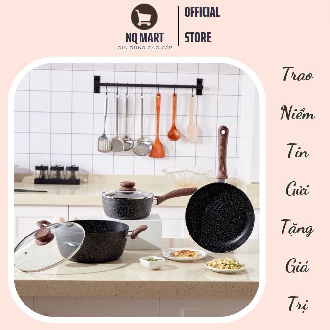 Bộ nồi chảo chống dính đáy từ- Nồi khuấy bột cho trẻ ăn dặm vân đá cao cấp 16-18cm - Tiện lợi - Phù hợp với mọi gia đình