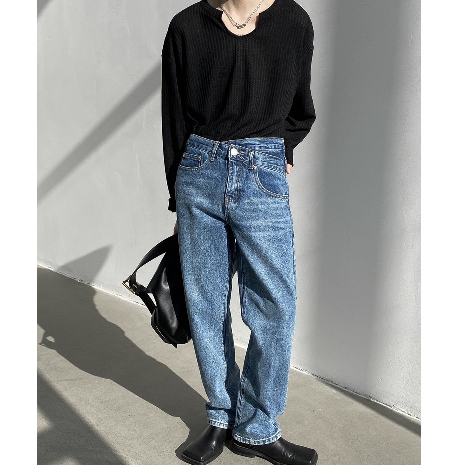 Áo thun dệt kim tay dài dáng rộng thời trang cho cả nam và nữ Korean Youth fashion V-neck men's T-shirt