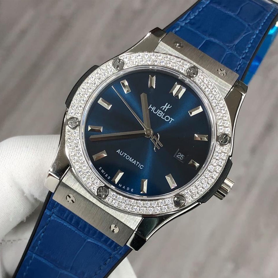 Đồng hồ Nam Đồng hồ cơ Automatic máy nhật, mẫu xanh viền trắng đá kép, size 38mm-42mm