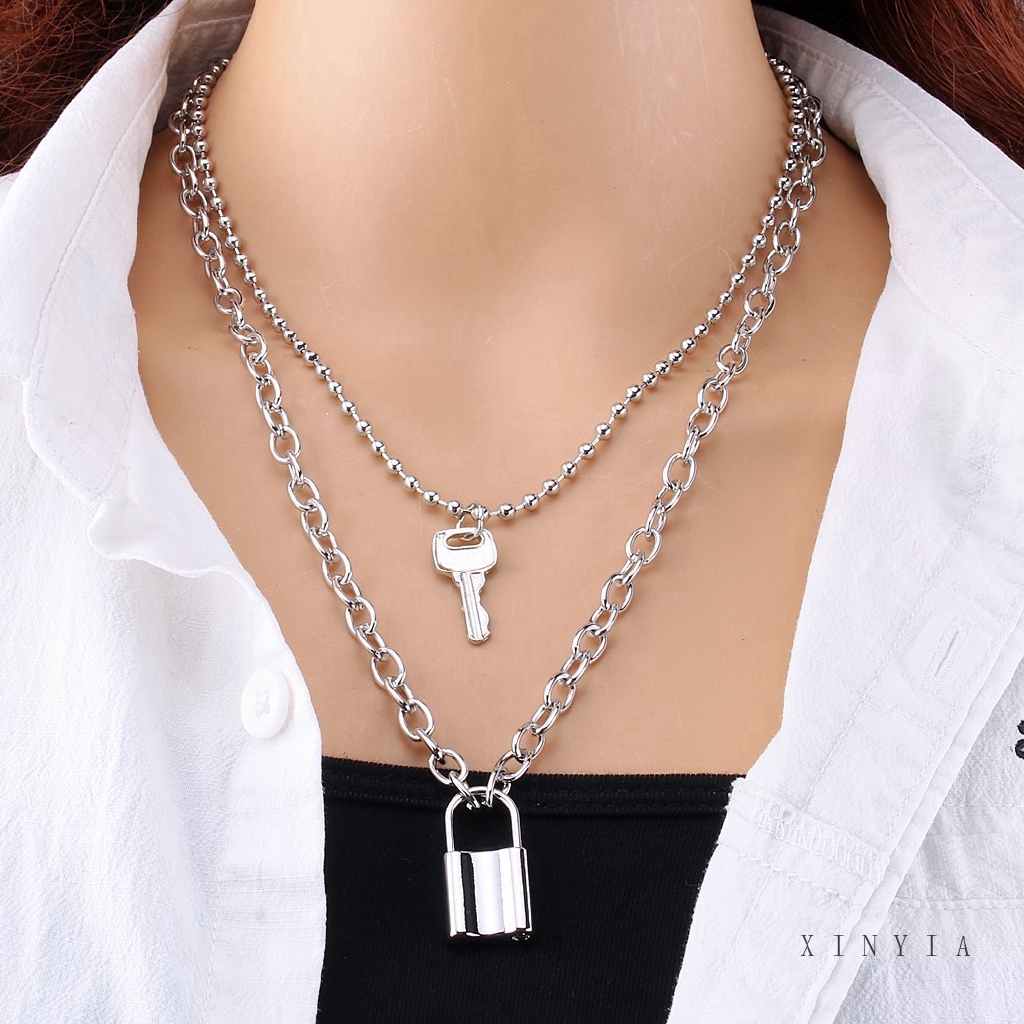 Dây Chuyền Nhiều Lớp Mặt Hình Ổ Khóa Phong Cách Retro