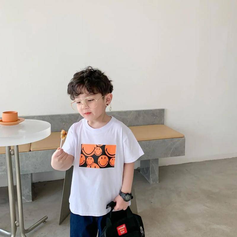 Áo Thun Cotton Mỏng Tay Ngắn In Hình Mặt Cười Thời Trang Xuân Hè Cho Bé Trai