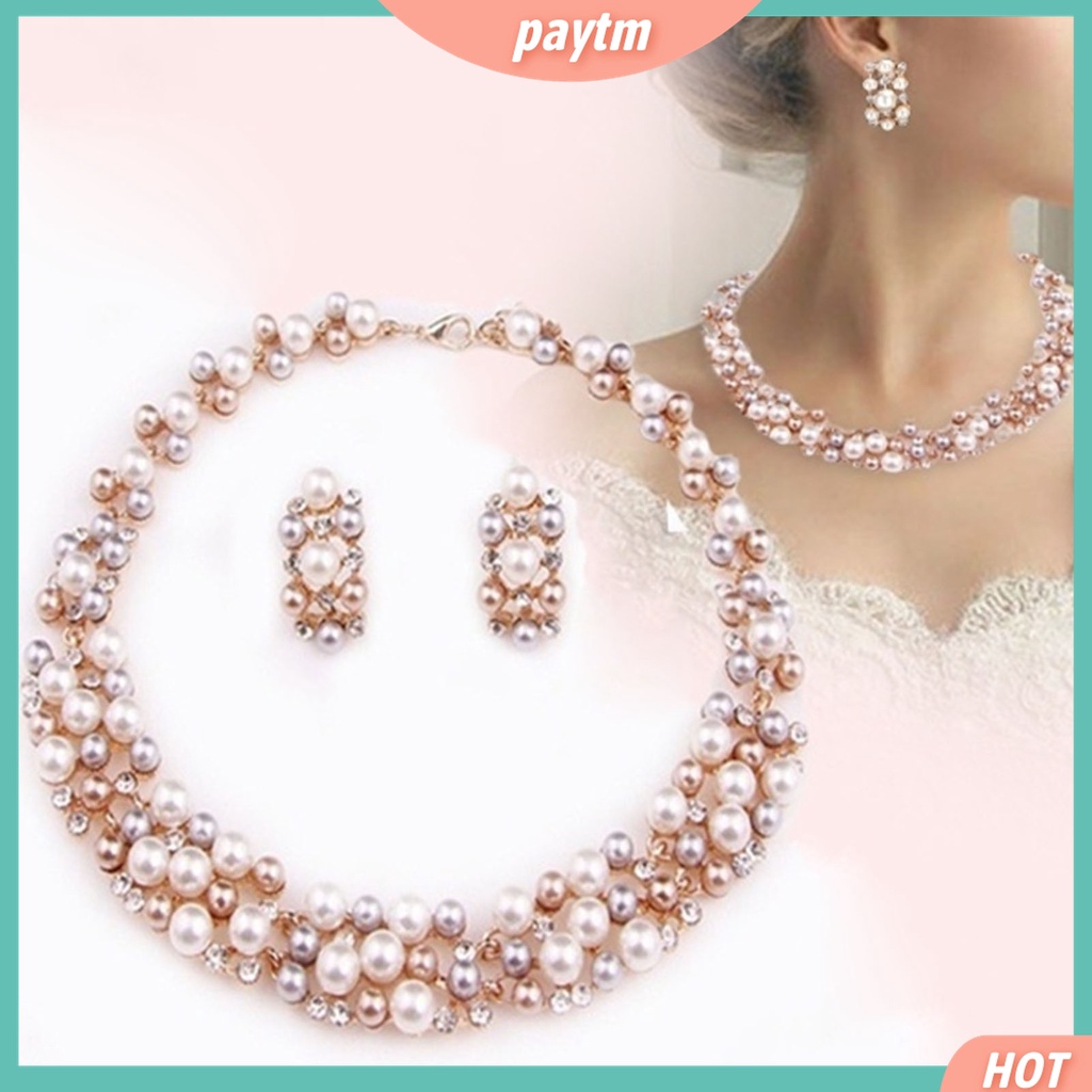 Bộ 2 Vòng cổ + Bông Tai Đính Ngọc Trai Giả Nhiều Màu Sắc Sang Trọng