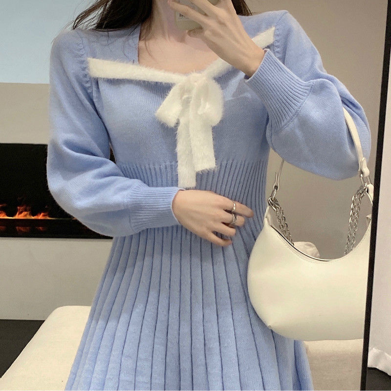 French Slim Knit Dress Women's 2021 Spring Dress New Korean Version Versatile Slim Temperament Net Red Long Sleeve Skirt