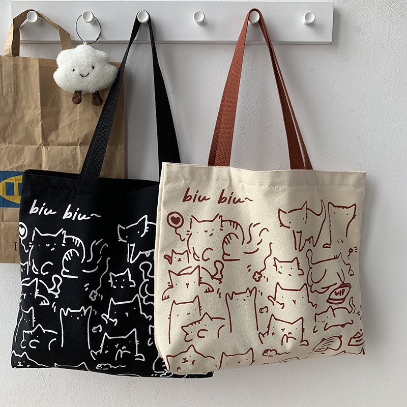 Túi Tote Vải Canvas Đeo Vai Size Lớn In Họa Tiết Mèo Siêu Đáng Yêu