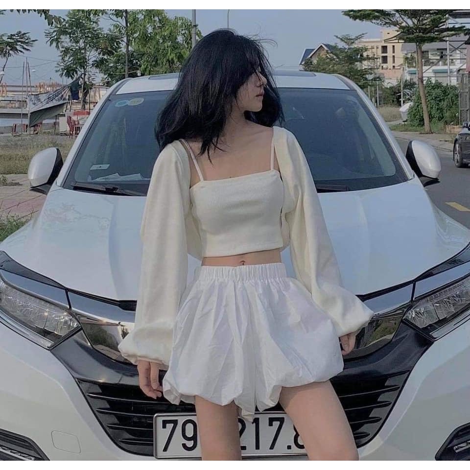 Set áo 2 dây Cardigan tay bồng chất nỉ mịn dày dặn DEGO