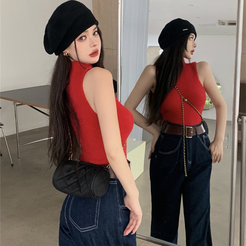 Áo Dệt Kim Sát Nách Cổ Cao Thời Trang Mùa Thu Quyến Rũ