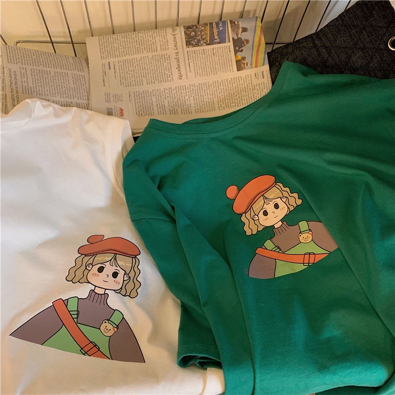 Áo Thun Ngắn Tay Dáng Rộng In Họa Tiết Xinh Xắn Theo Phong Cách Mùa Hè Dành Cho Nữ