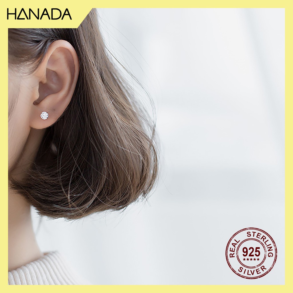 Bông Tai Bạc Cao Cấp Hanada 0397 Một Hạt Đá Đen Trắng Nam Nữ Nhỏ Đơn Giản