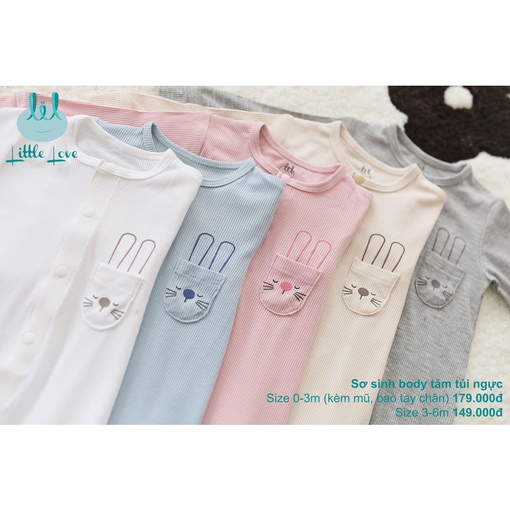 Set body sơ sinh vải tăm dài tay phối túi ngực cho bé Little Love