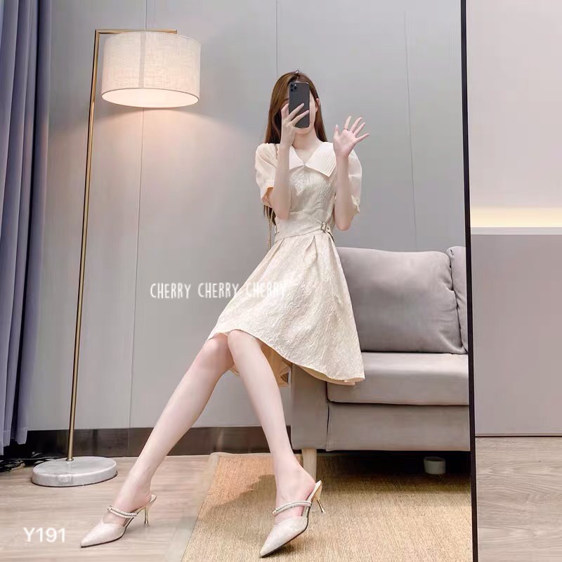 Váy tiểu thư gấm xòe xếp ly trẻ trung hàn quốc