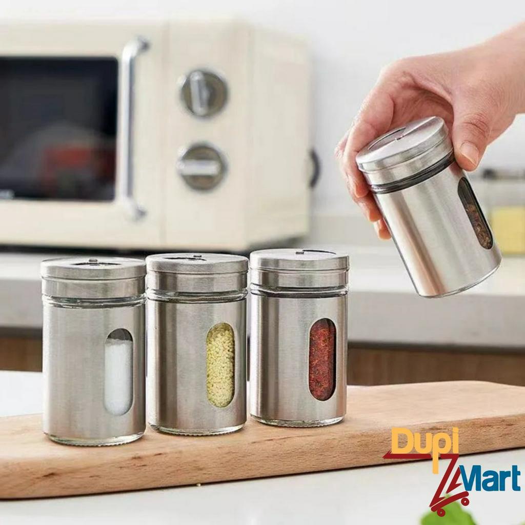 Hũ đựng gia vị nhà bếp - Lọ rắc Tiêu, Muối -  Hũ đựng tăm bằng thủy tinh bọc inox kiểu dán tinh tế sang trọng