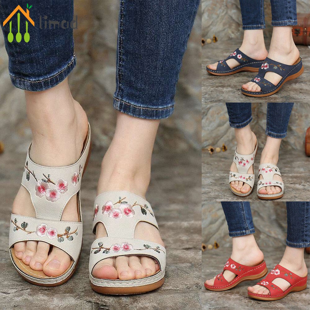 【COD】# limad Embroidery Orthopedic Comfy Flip Flop Sandals Open Toe Summer Outdoor Slippers Wedges Slippers for Women