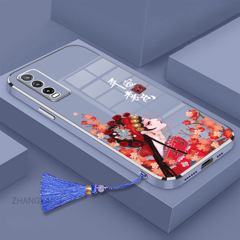 ốp lưng vivo y20i y12s y20s y12a y20 Mạ điện TPU Vỏ mềm silicone Guofeng Character Case điện thoại với dây buộc tua