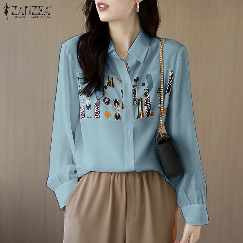 Áo sơ mi ZANZEA dài tay cổ bẻ dáng dài thời trang Hàn Quốc cho nữ