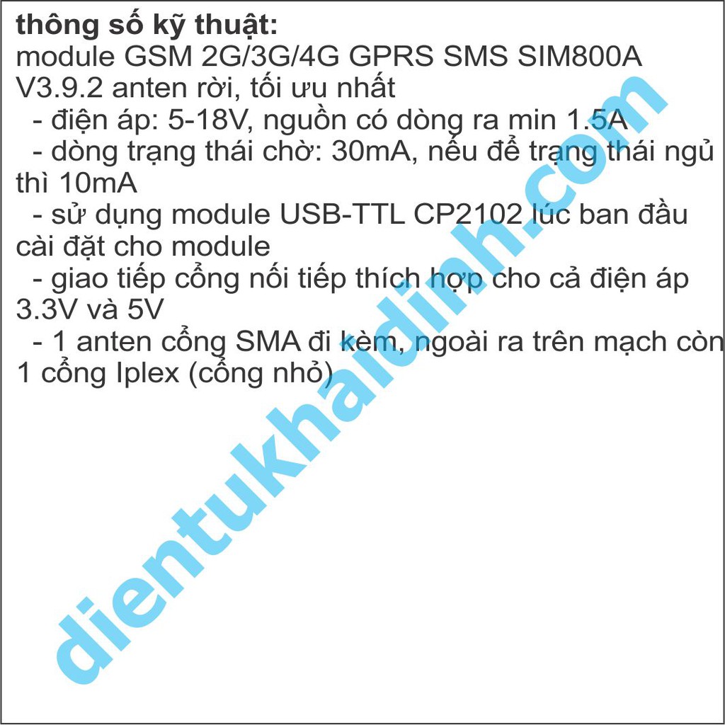module GSM 2G/3G/4G GPRS SMS SIM800A V3.9.2 anten rời, tối ưu nhất kde3116