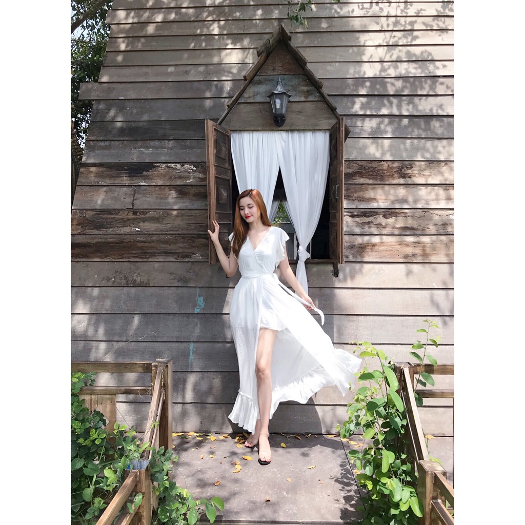 Đầm maxi cổ V xéo tay con xẻ tà cá tính kết hợp bèo chân (hàng thiết kế cao cấp) | BigBuy360 - bigbuy360.vn