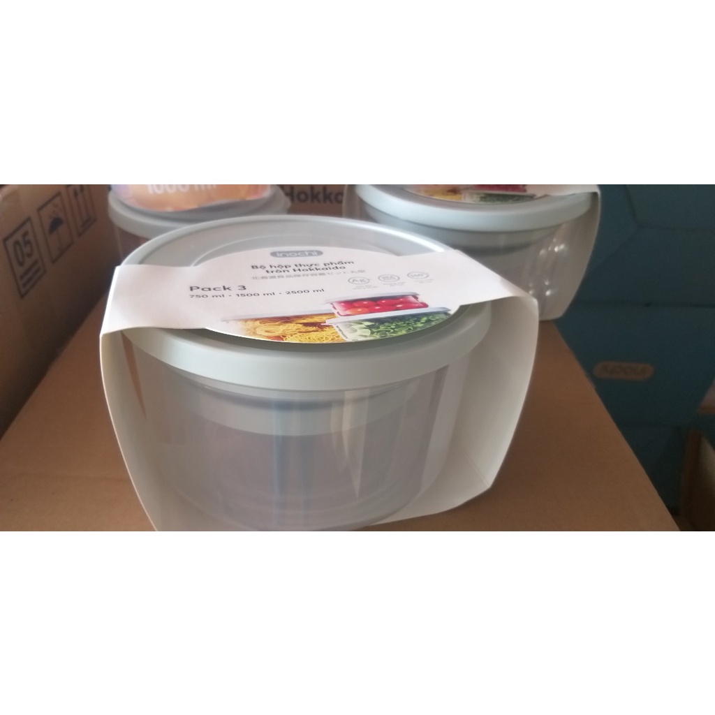 Bộ 3 hộp thực phẩm Cao Cấp INOCHI Hokkaido To (Tròn, Chữ Nhật, Vuông) 750-1500-2500ml
