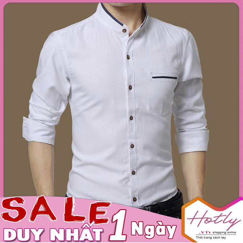 SIÊU GIẢM GIÁ Áo sơ mi nam trơn from chuẩn, viền ở cổ và túi cực kỳ thanh lịch 93108