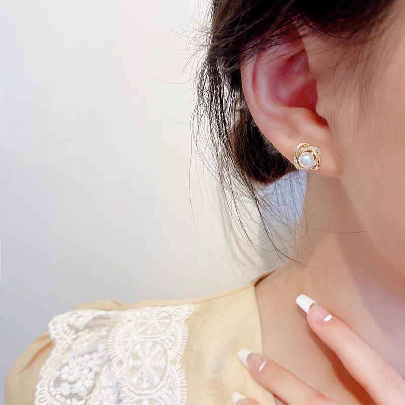 Bông Tai Mạ Bạc 925 Đính Ngọc Trai Và Kim Cương Nhân Tạo Đơn Giản