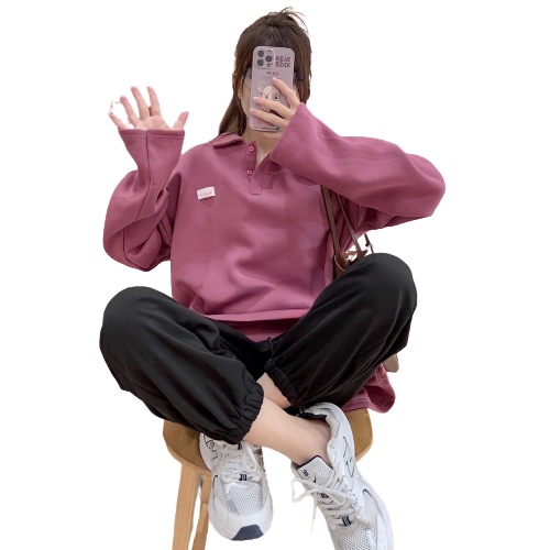 Áo Sweater Polo Nỉ Nữ Màu Tím Logo Ngực Dáng Thụng Cổ Cao from rộng 65kg-Minxy shop