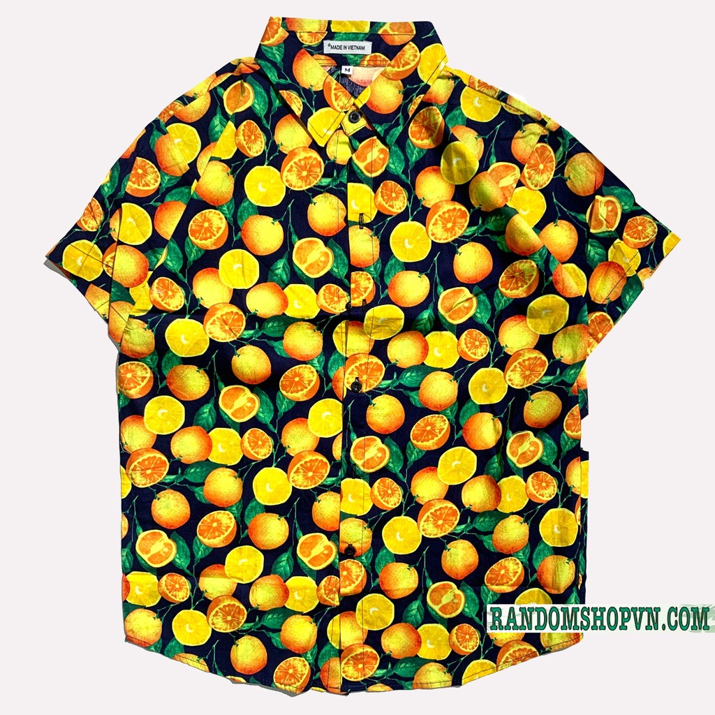 Áo sơ mi trái cây đi biển, sơ mi hoa quả, chất liệu kate làm đồng phục du lịch