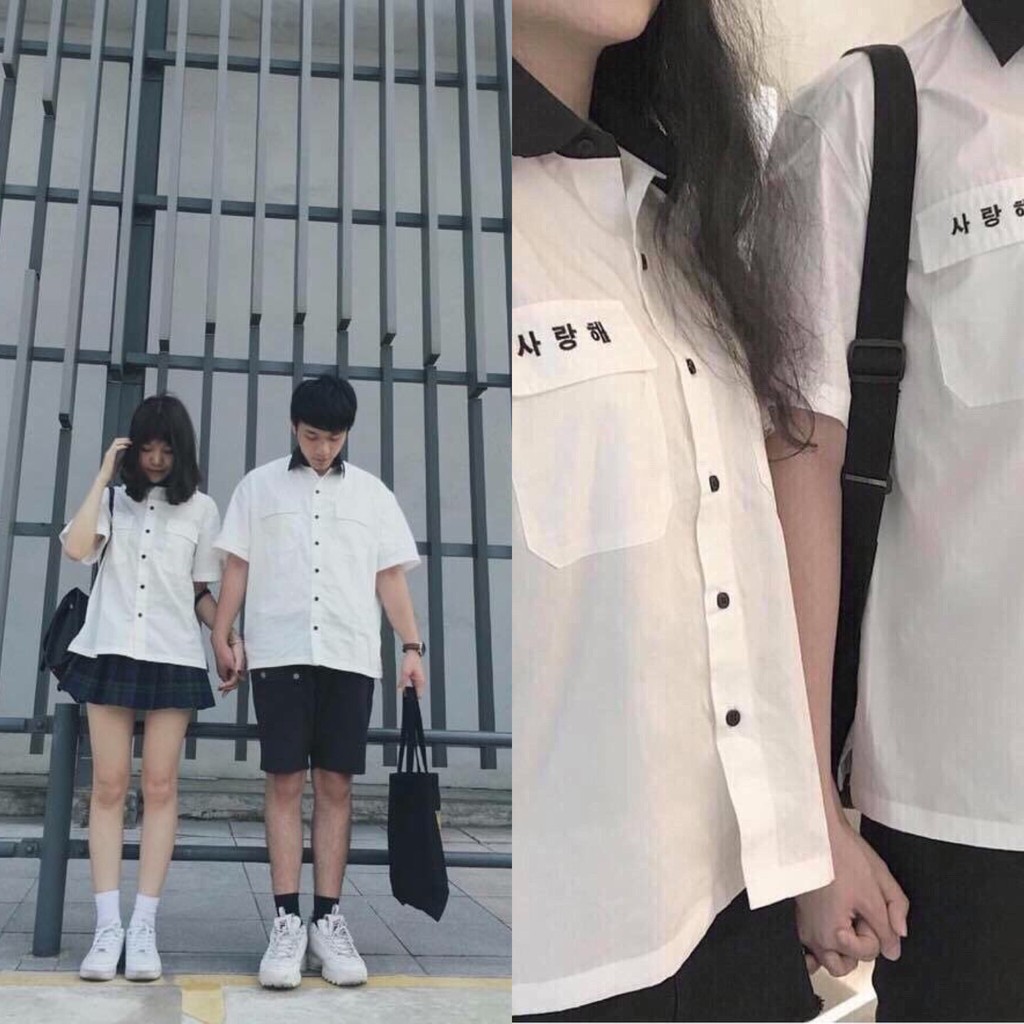 Áo sơ mi học sinh hàn quốc cổ đen UNISEX nam nữ diện đều vô tư