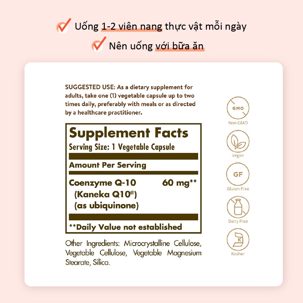 Viên Uống Solgar Vegetarian Coq10 Hỗ Trợ Sức Khỏe Tim Mạch, Điều Hòa Huyết Áp, Bổ Sung Coenzyme Q-10