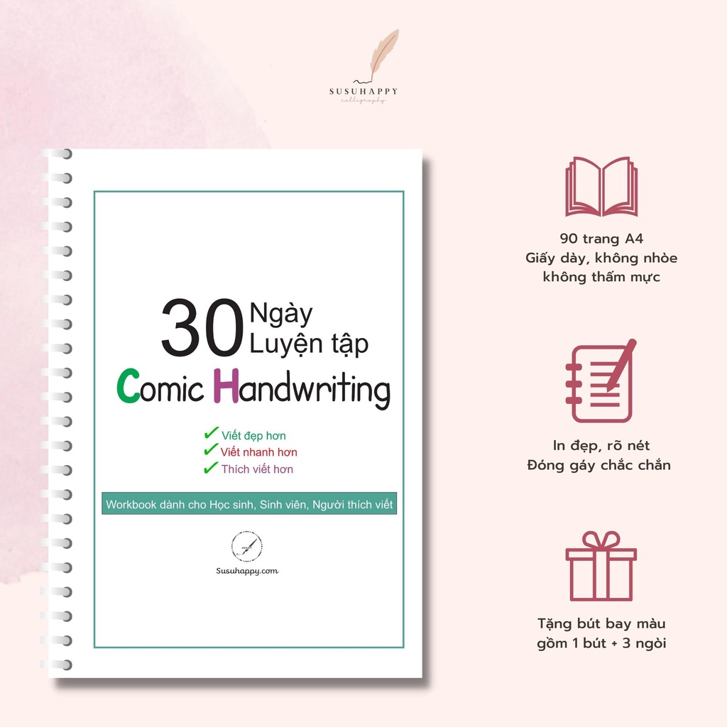 Workbook Luyện Viết Chữ Comic Handwriting Dễ Viết, Có Lộ Trình Hàng Ngày -Tặng Kèm Bút Bay Màu+3 Ngòi Thay
