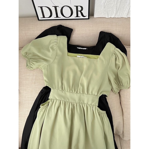 Đầm váy midi khoét eo cổ vuông tay bồng siêu xinh