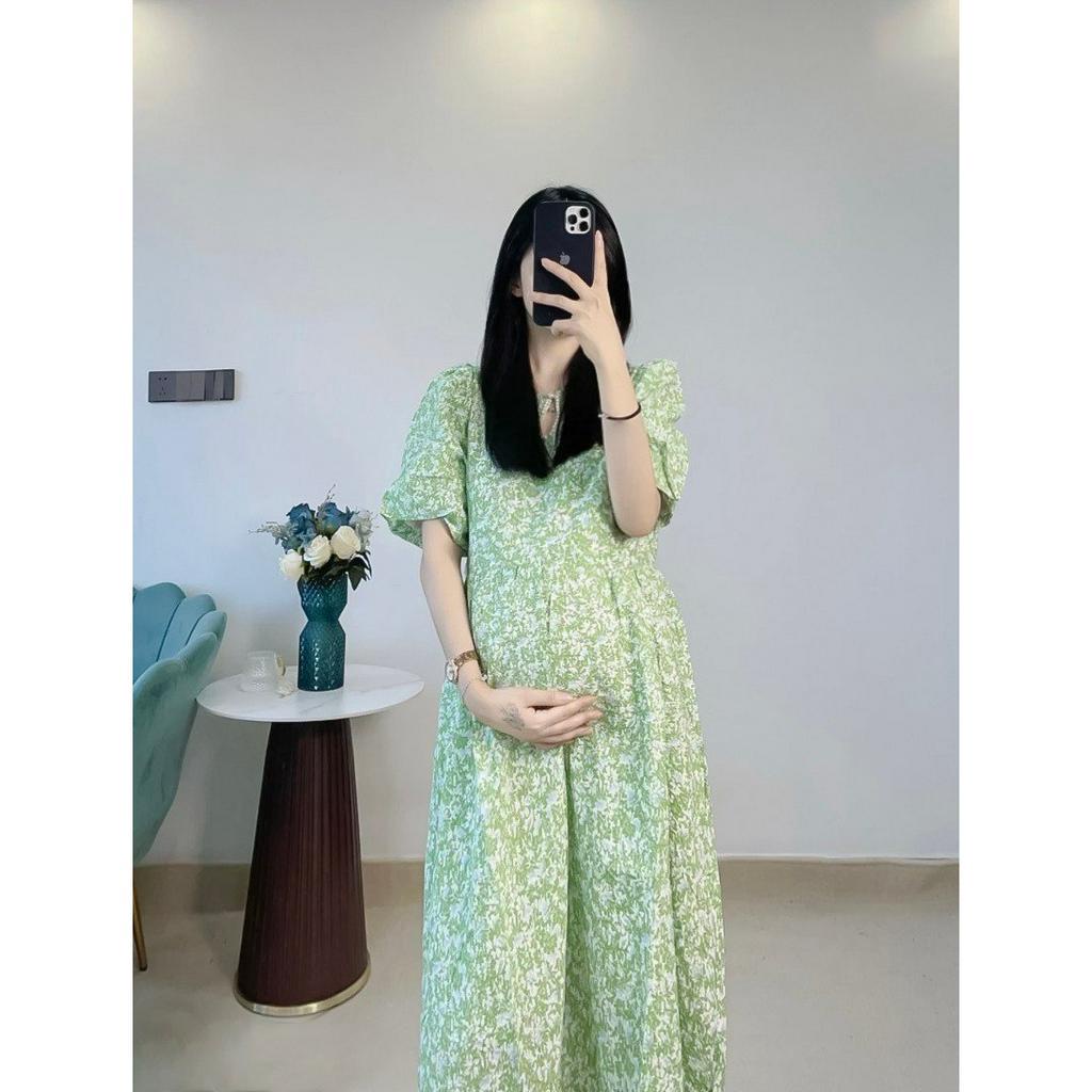 Đầm Bầu Hè Babydoll Hàn Quốc Dáng Dài Họa Tiết Hoa Nhí Mềm Mát Fullsize 40-85kg