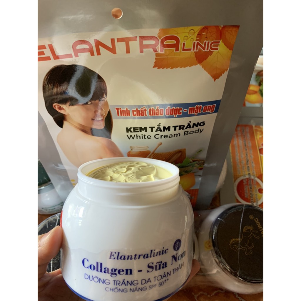 Kem body siêu trắng ElantraLinic Collagen Sữa non 150g(tặng kèm như hình)