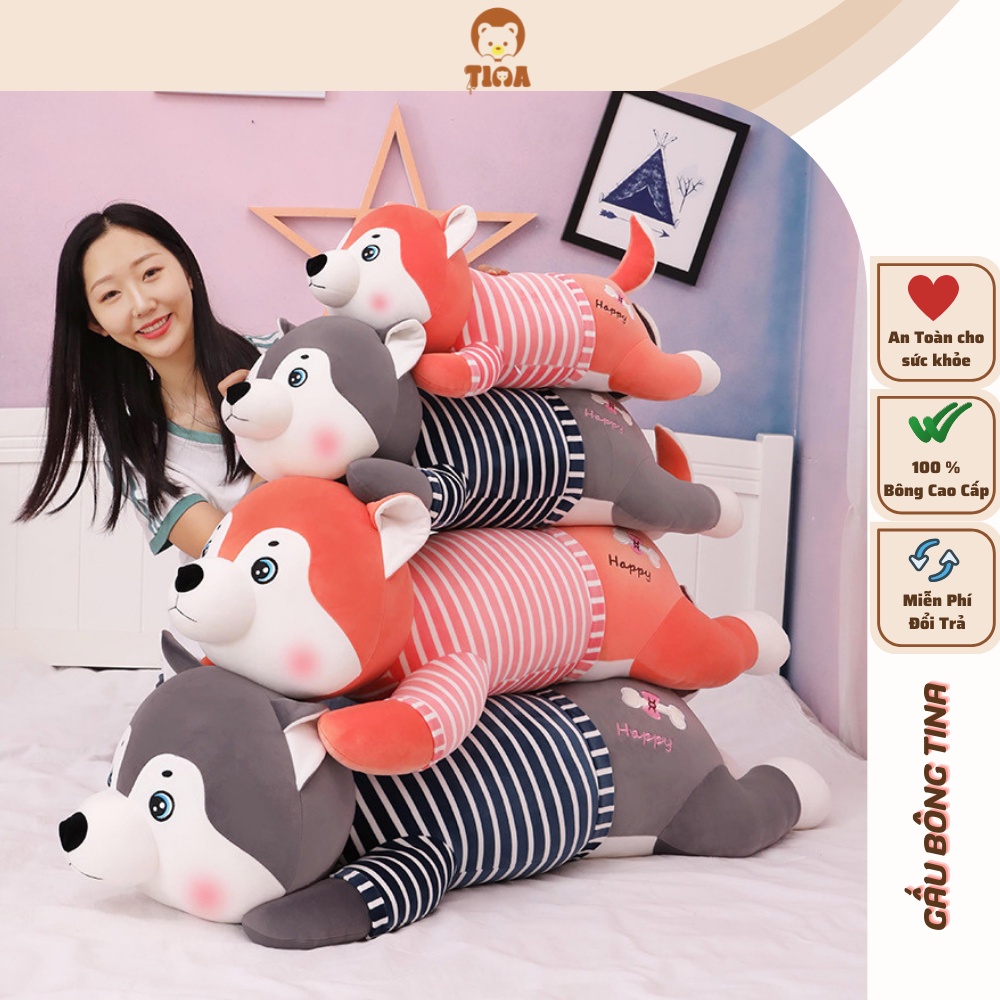 Gấu Bông Chó Bông Husky Mặt Dễ Thương - Chó Sói Quà Tặng Xám Vàng Size 80cm