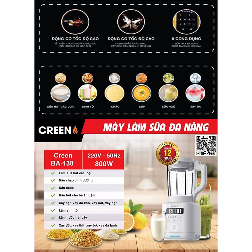 Máy làm sữa hạt Creen BA-138, máy xay nấu sữa hạt đa năng, thay thế 8 dụng cụ trong bếp. Bảo hành chính hãng 12 tháng