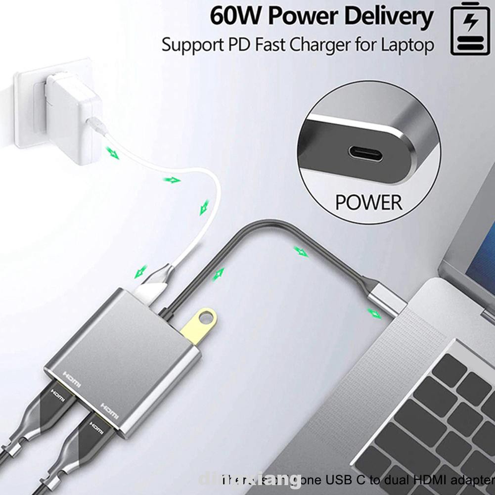 4 In 1 USB Adapter Metal High Speed Hub PD Charge Data Transfer Laptop PC Type C 3.0 To Dual HDMI For Windows