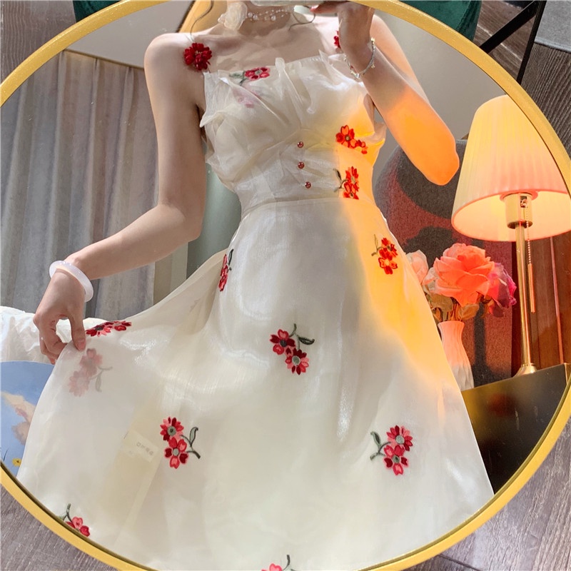 Đầm Hai Dây Dáng Chữ A Thêu Hoa Ngọt Ngào Thời Trang Mùa Hè Cho Nữ