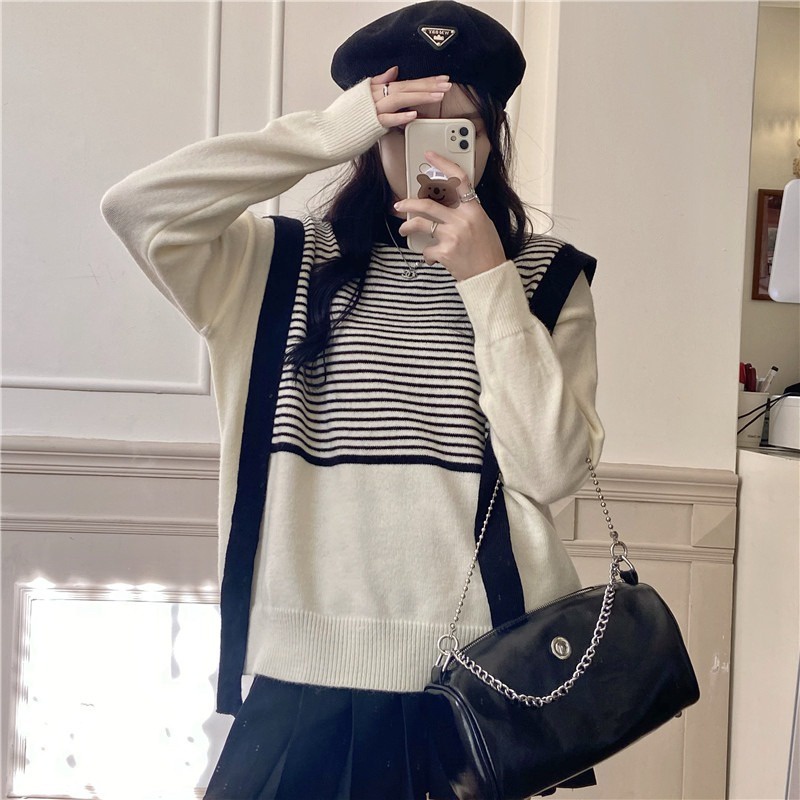 Áo Sweater Dệt Kim Tay Dài Cổ Tròn Dáng Rộng Phong Cách Hàn Quốc Thời Trang Cho Nữ