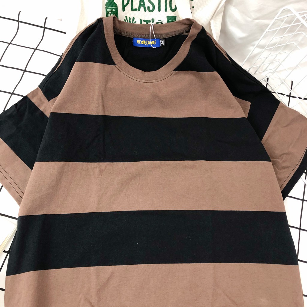 Áo thun kẻ nâu đen trơn - ẢNH THẬT