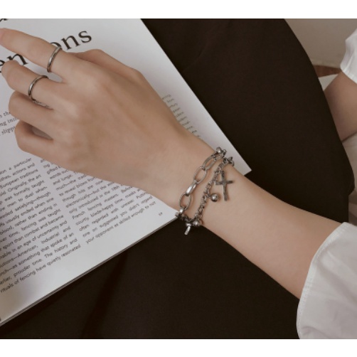 Vòng đeo tay hai lớp mặt thánh giá phong cách hiphop Hàn Quốc